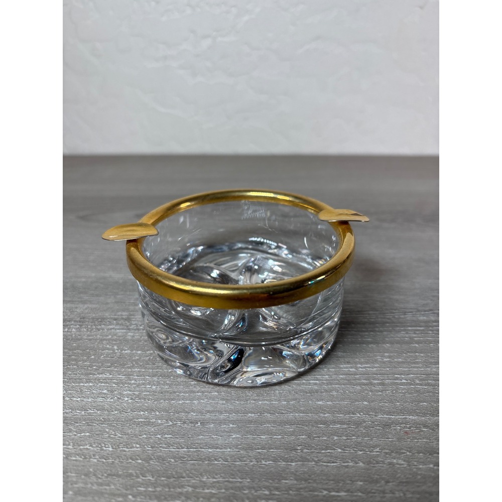 Vintage Heavy Clear Glass Ashtray with Gold Rim‎ Mid Century Modern Decor